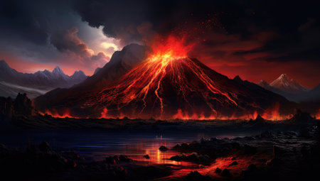 a volcano with hot lava flowing throughの素材