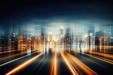 street view and cityscape in night time with blurred lineの素材