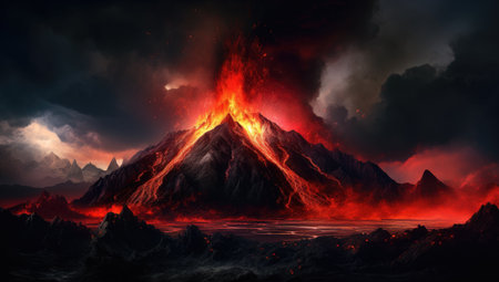 a volcano with hot lava flowing throughの素材
