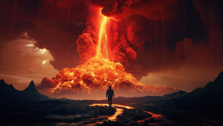 a volcano with hot lava flowing throughの素材