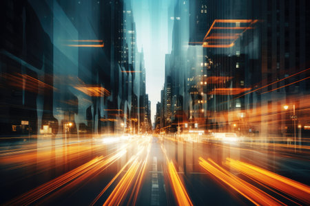 street view and cityscape in night time with blurred lineの素材
