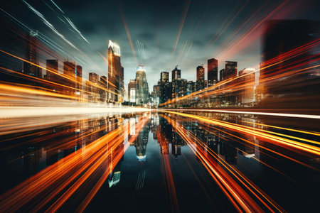 street view and cityscape in night time with blurred lineの素材
