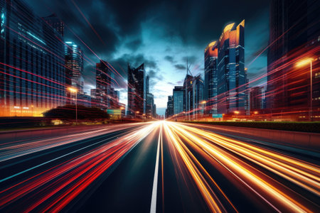 street view and cityscape in night time with blurred lineの素材