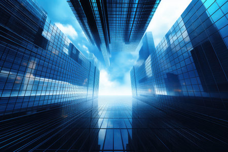 the tall buildings are reflecting in the blue skyの素材