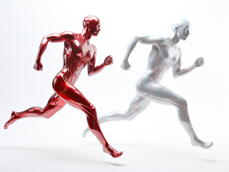 small red figure running to a bright red teammateの素材
