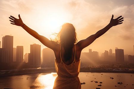 woman with arms up and sunlightの素材