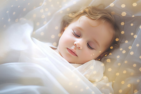 young baby sleeping on a white bedの素材