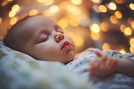 young baby sleeping on a white bedの素材