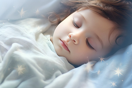 young baby sleeping on a white bedの素材