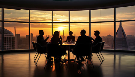 people are standing at a meeting table with a windowの素材