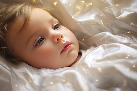 young baby sleeping on a white bedの素材