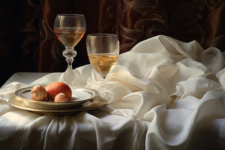 wine glasses surrounded with napkins and platesの素材