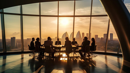 people are standing at a meeting table with a windowの素材