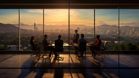 people are standing at a meeting table with a windowの素材