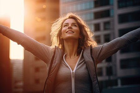woman with arms up and sunlightの素材