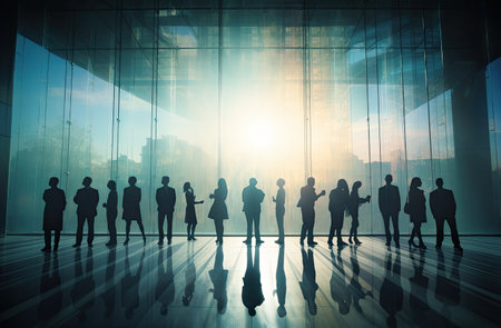 silhouetted business people in the office buildingの素材