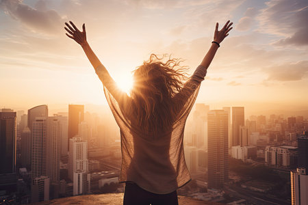 woman with arms up and sunlightの素材