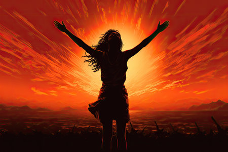 woman with arms up and sunlightの素材