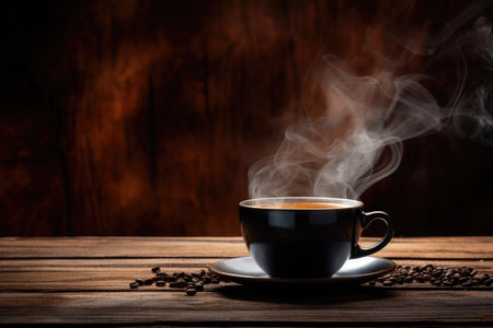 steaming cup and beans on the old wooden surfaceの素材