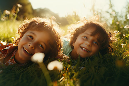 kids are lying in a grassy area in summerの素材