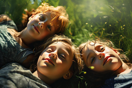 kids are lying in a grassy area in summerの素材