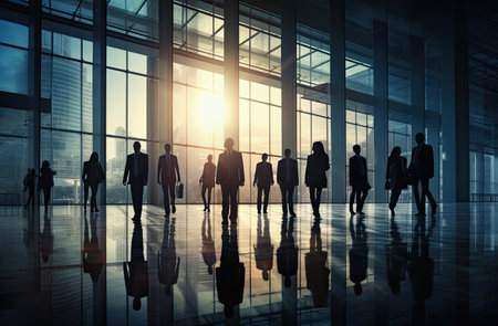 silhouetted business people in the office buildingの素材