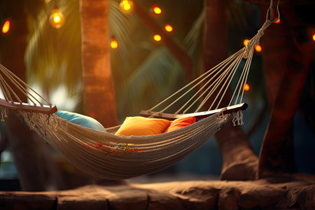 relaxing seaside holiday in hammock with hat and palmの素材