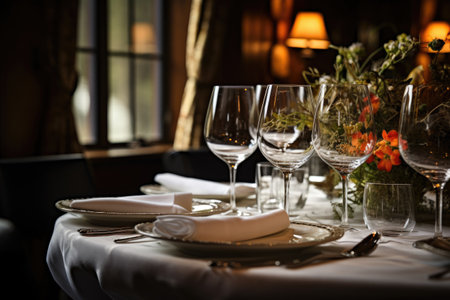wine glasses surrounded with napkins and platesの素材