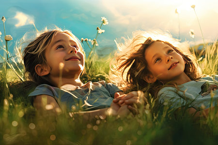kids are lying in a grassy area in summerの素材