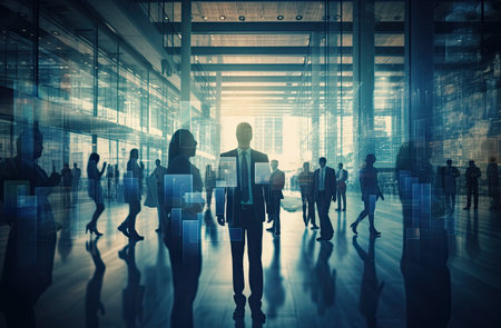 silhouetted business people in the office buildingの素材