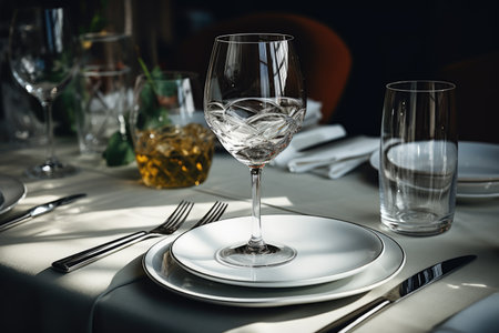 wine glasses surrounded with napkins and platesの素材
