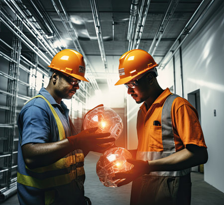 mens holding hard hat and tools in a hallwayの素材