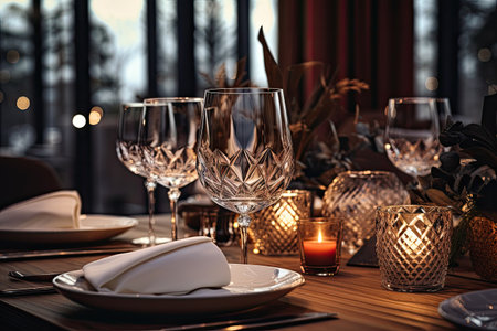 wine glasses surrounded with napkins and platesの素材