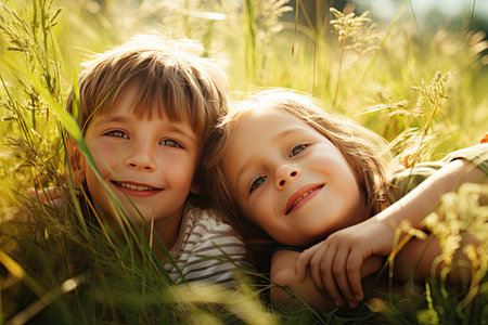 kids are lying in a grassy area in summerの素材