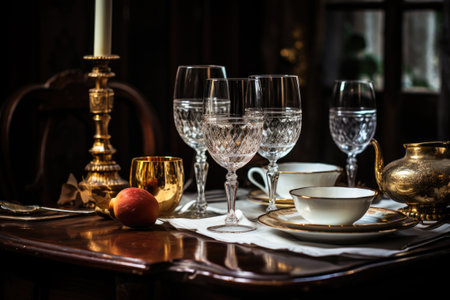 wine glasses surrounded with napkins and platesの素材