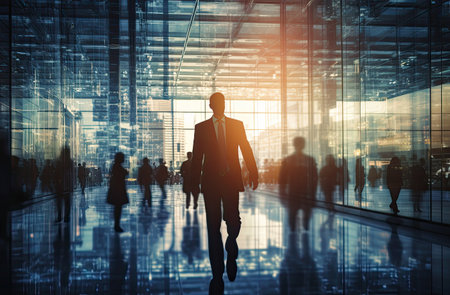 silhouetted business people in the office buildingの素材