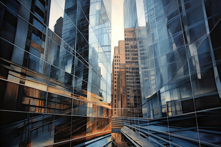the tall buildings are reflecting in the blue skyの素材
