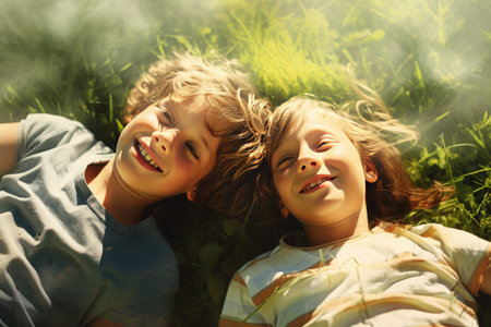 kids are lying in a grassy area in summerの素材