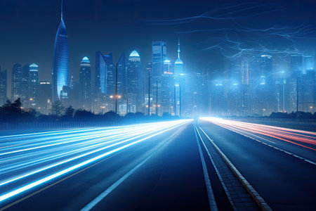 street view and cityscape in night time with blurred lineの素材