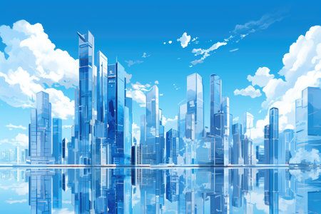 the tall buildings are reflecting in the blue skyの素材