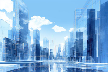 the tall buildings are reflecting in the blue skyの素材