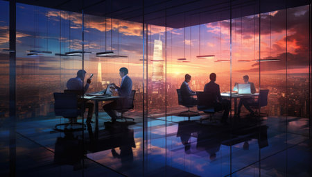 silhouetted business people in the office buildingの素材