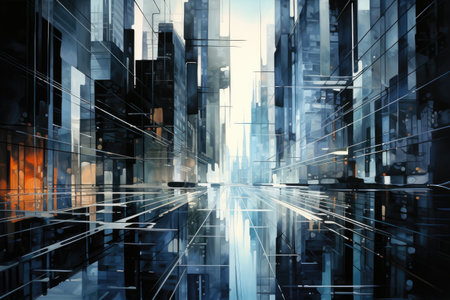 the tall buildings are reflecting in the blue skyの素材