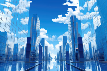 the tall buildings are reflecting in the blue skyの素材