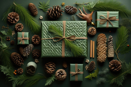 a presents wrapped in green felt near a pineの素材