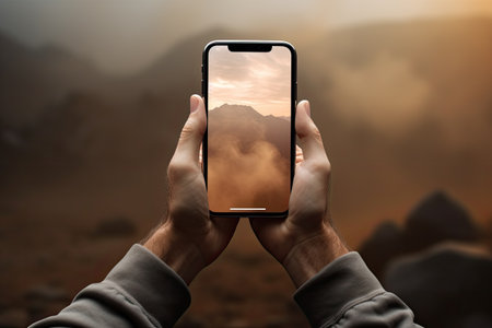 hands in the air holding a phoneの素材