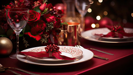 an elegant christmas table dressed with holiday ornamentの素材