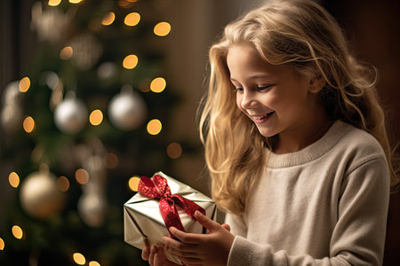 girl with present at the christmas treeの素材