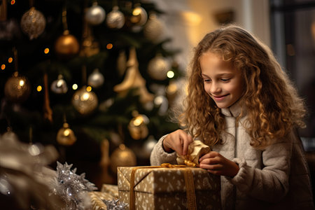girl with present at the christmas treeの素材