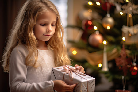 girl with present at the christmas treeの素材